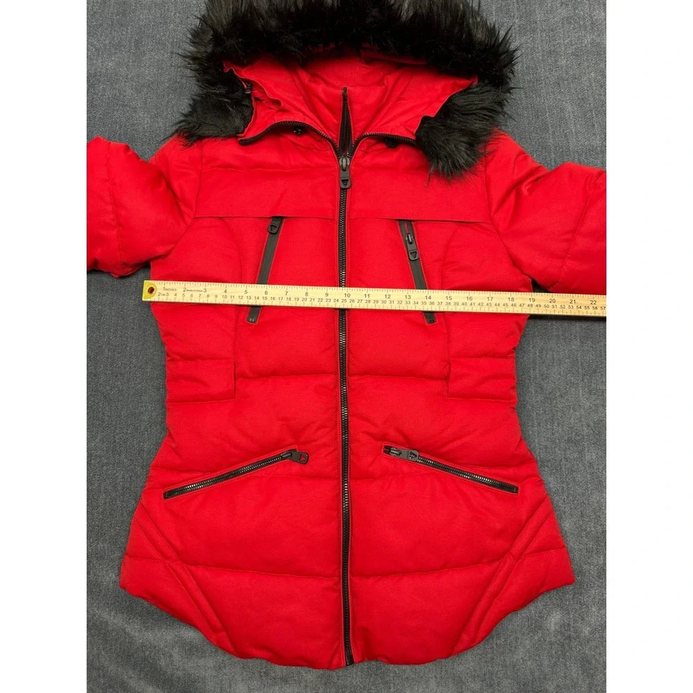 Guess Womens Red Quilted Puffer Jacket Faux Fur Hood Small 22LMP804